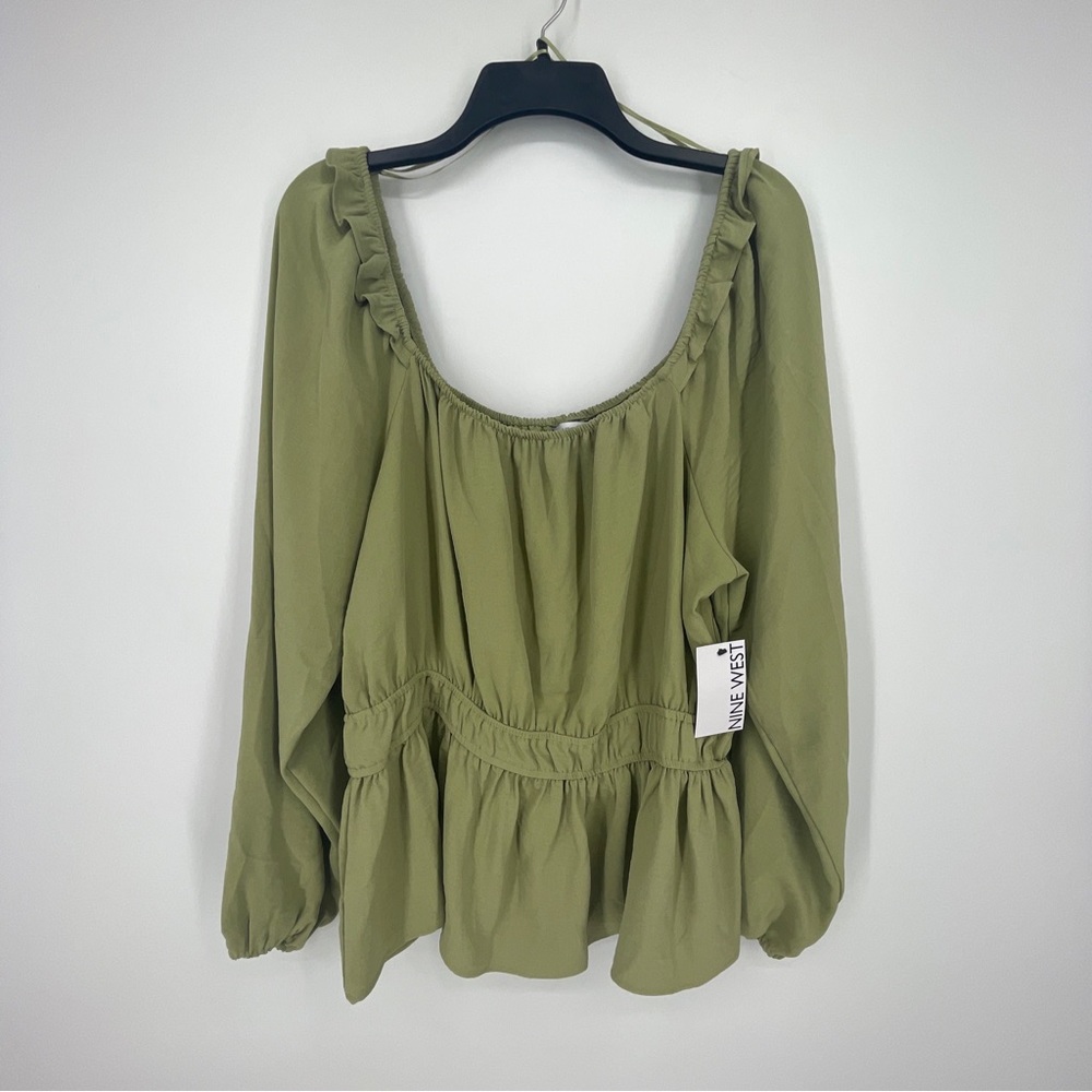 Nine West Women's Long Sleeve Square Neck Blouse Sage Green NWT Size XL